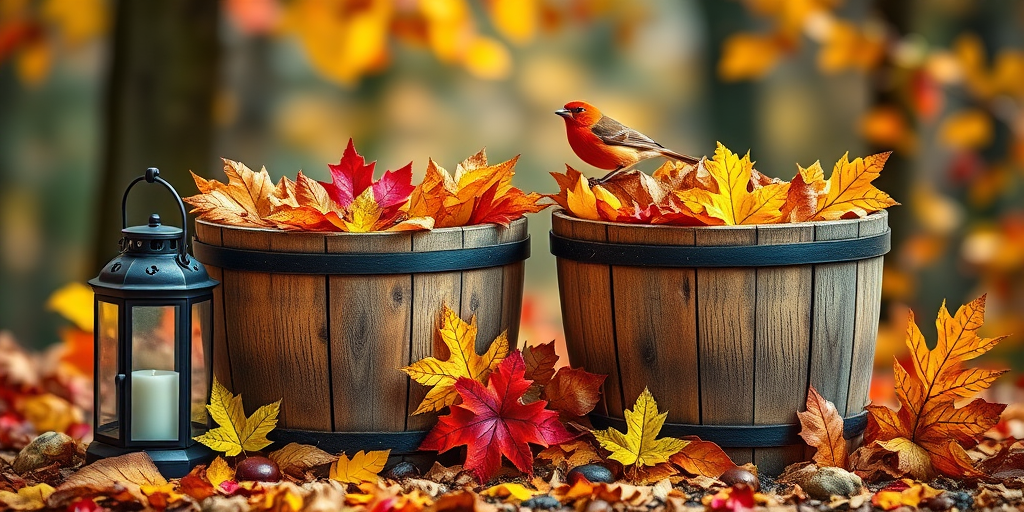 create a vibrant autumn scene featuring two wooden buckets filled with colorful leaves, a small lantern beside them, accompanied by a bright orange bird perched on the edge, shot with a DSLR camera at f/2.8, ISO 100, and a 50mm lens, using natural light for enhanced detail and clarity