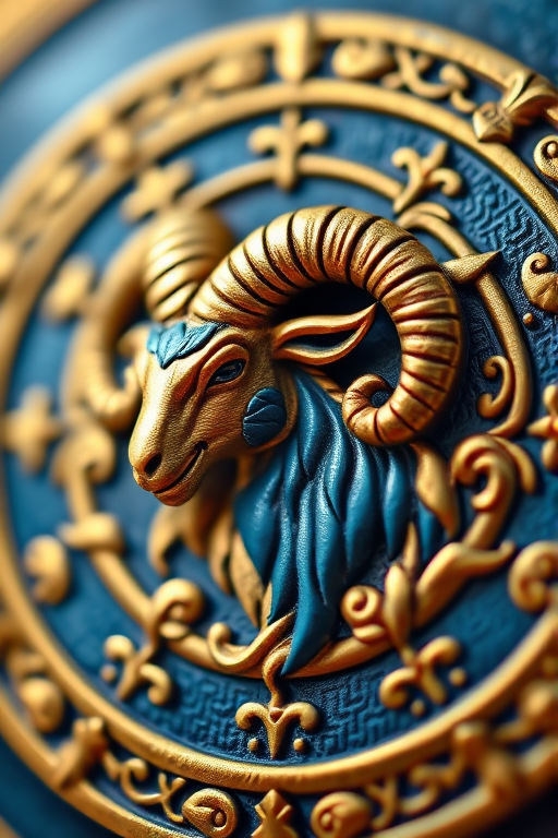 Create an image of a traditional zodiac sign emblem featuring a ram, richly detailed with ornate gold and blue colors, shot in high resolution with a DSLR camera at f/2.8, ISO 100, 1/100 sec shutter speed, using a macro lens for enhanced clarity and vibrant color reproduction.