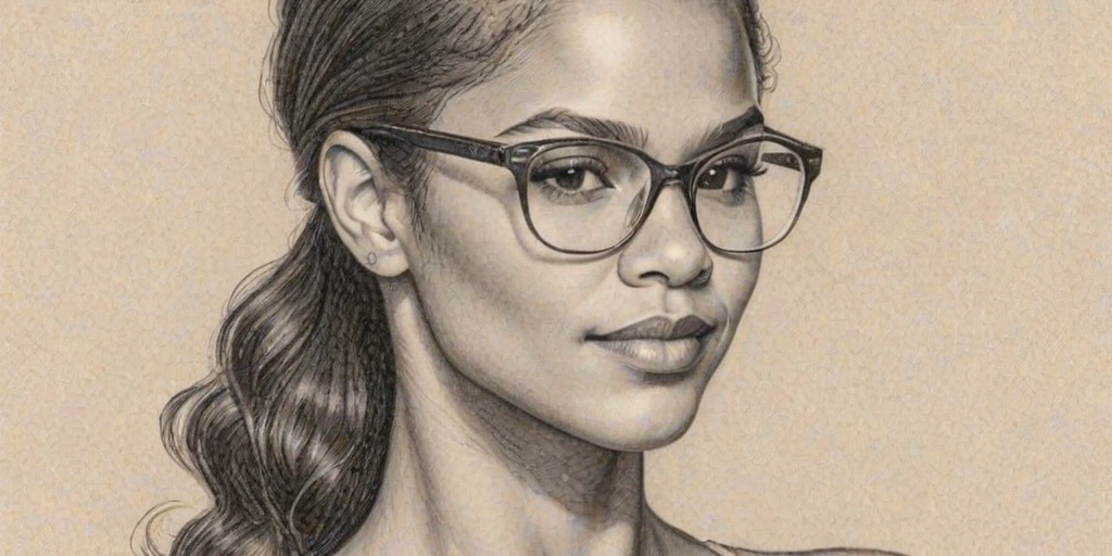 Elegant Misty Copeland, pencil sketch, portrait of Captivating woman 1928s in glasses, hair style beatnik, outline, clear lines, fine lines, 8k