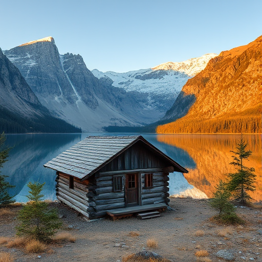 photograph a rustic cabin by a serene lake surrounded by majestic mountains during a clear day, use a Canon EOS R5 with a 24-70mm f/2.8 lens, aperture f/8, ISO 100, shutter speed 1/200s, wide-angle view, golden hour lighting for enhanced warmth and depth