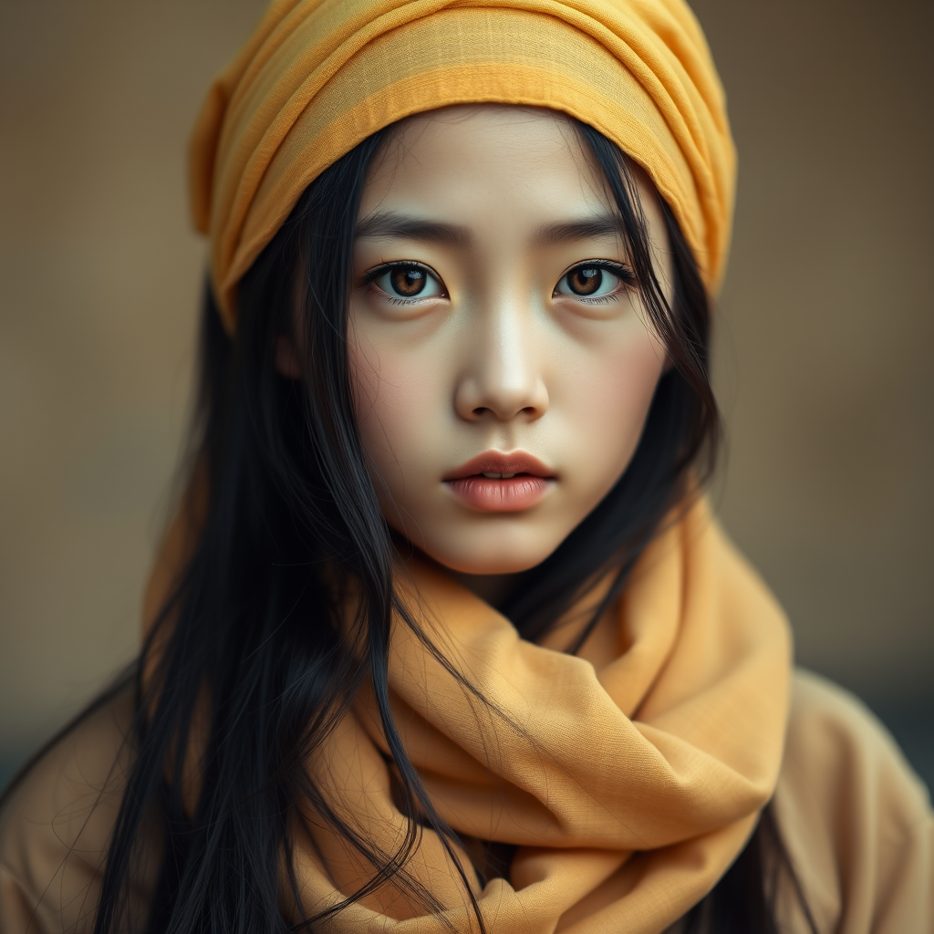 Create a portrait of a young Manchu woman with long, dark hair and captivating hazel eyes. She is wearing a Yellow headscarf and a matching scarf draped gracefully around her neck. The background is softly blurred, focusing attention on her serene and natural expression. The overall color palette is muted and warm, enhancing the intimate and authentic feel of the portrait.