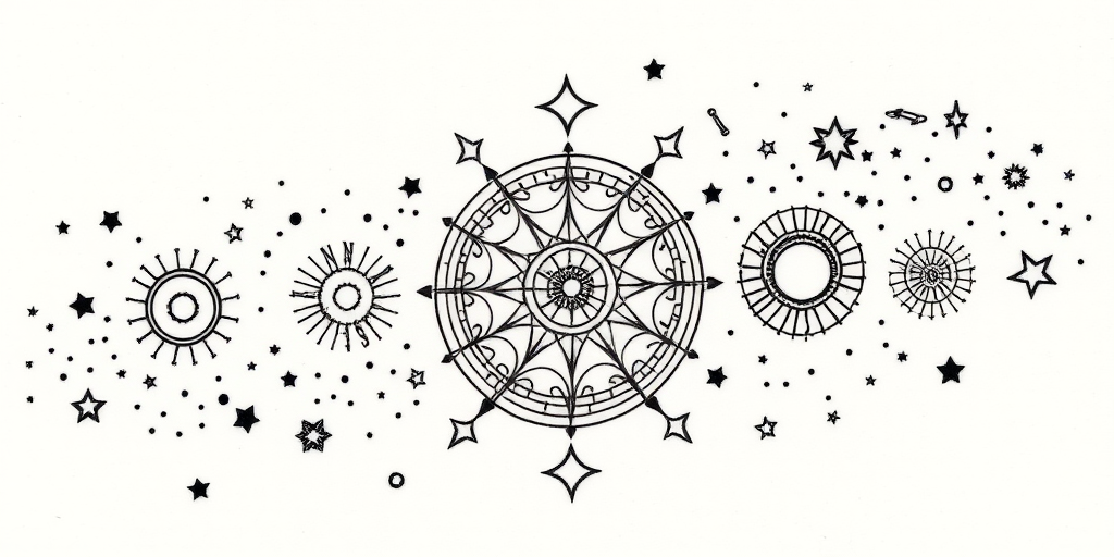 Dotwork tattoo design named "Celestial Constellations" portraying intricate star patterns and zodiac symbols created entirely with tiny dots, forming a mesmerizing galaxy-inspired piece