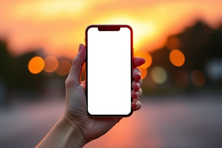 Create an illustration of a hand holding a smartphone with a blank screen, background featuring a sunset with bokeh lights, use a Canon EOS R5 camera, 50mm lens, aperture f/1.8, ISO 100, shutter speed 1/200 sec, soft focus on the background to enhance image quality.