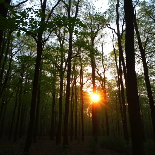 Create a high-resolution image of a tranquil forest scene during sunrise with soft, diffused lighting, using a DSLR camera, 50mm lens, f/1.8 aperture, ISO 100, and a low-angle view to capture the depth of the trees and light filtering through the leaves.