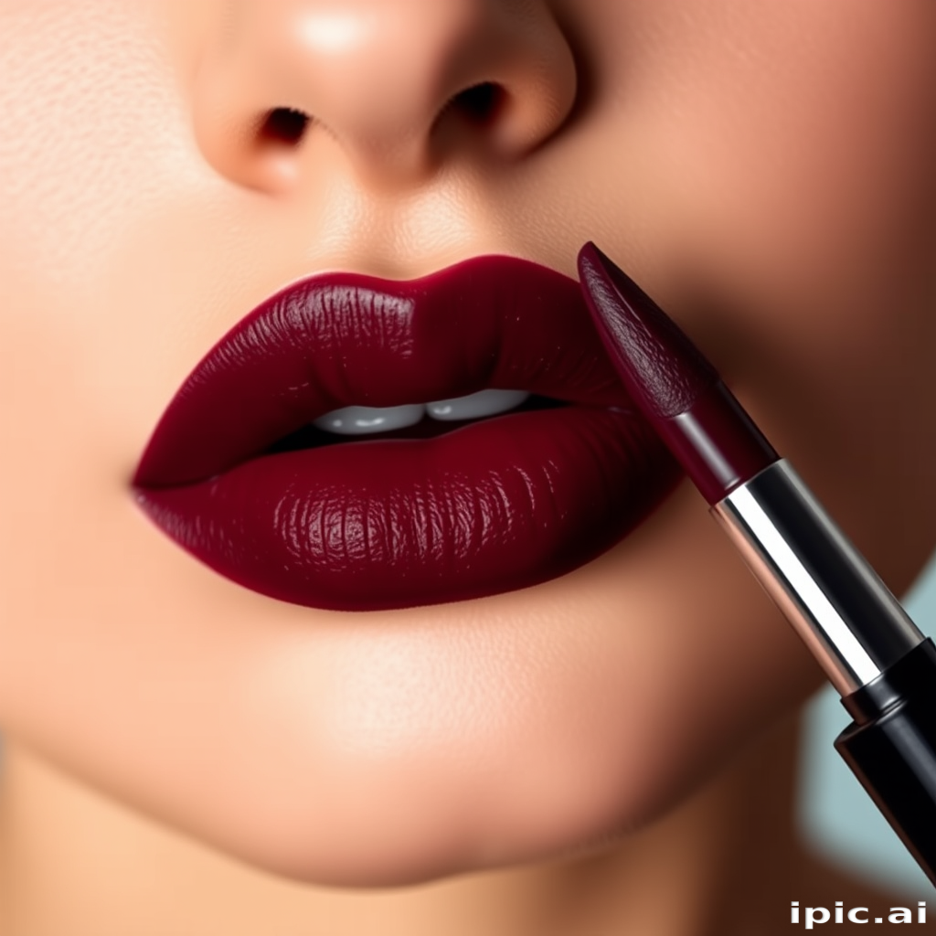 Sultry matte burgundy lips, carefully painted with precision, featuring a bold and dramatic cupid's bow, exuding confidence and sophistication in every curve