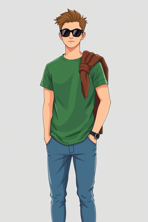 Illustration of a young man standing casually with a green t-shirt, blue pants, and stylish sunglasses, wearing a brown sweater draped over his shoulder, studio lighting, 50mm lens, f/2.8 aperture, ISO 100, portrait orientation.
