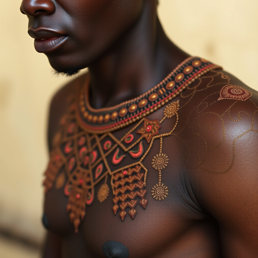Face, shoulders, chest covered in openwork Yoruba embroidery. Raw, unedited image.