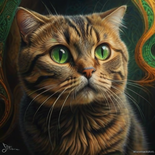 Digital art, A Scottish fold cat with piercing green eyes gazes intently at the viewer, its fur a mix of orange and black. The cat's tail twitches as it moves, detailed art, stylized by Tomasz Alen Kopera, Surrealistic painting, intricate and detailed imagery, exploration of the subconscious and dreamlike realms