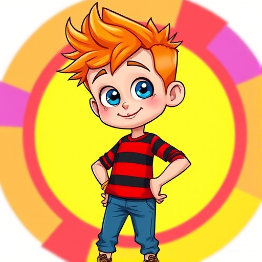 Create a vibrant cartoon character of a boy with orange spiky hair, big blue eyes, wearing a red and black striped shirt and blue jeans, confidently posing with one hand on his hip, against a colorful circular background, using a DSLR camera with a 50mm lens, aperture set to f/2.8, ISO 100, and a vibrant color profile to enhance image quality.
