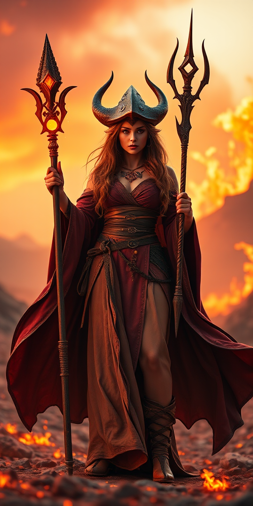 Create a highly detailed fantasy portrait of a powerful sorceress standing in a fiery landscape, holding a glowing staff, warm color palette, low angle view, 85mm lens, f/1.8 aperture, soft focus background, high dynamic range imaging.