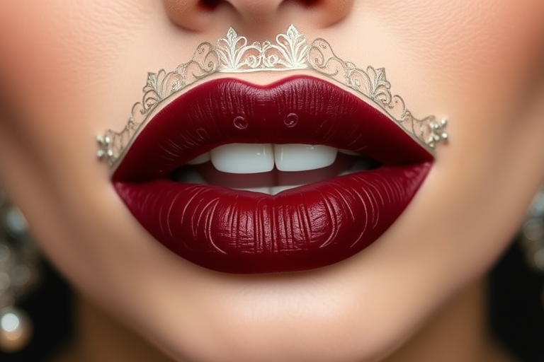 Matte burgundy lips with intricate silver filigree designs, named "Regal Velvet," exude sophistication and elegance, ideal for formal events and red carpet appearances
