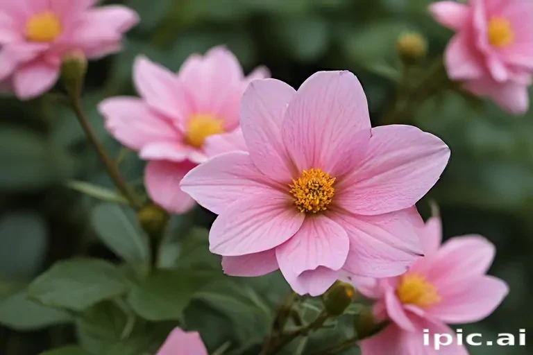 Delicate Pink Flowers Blooming in a Lush Green Garden Setting