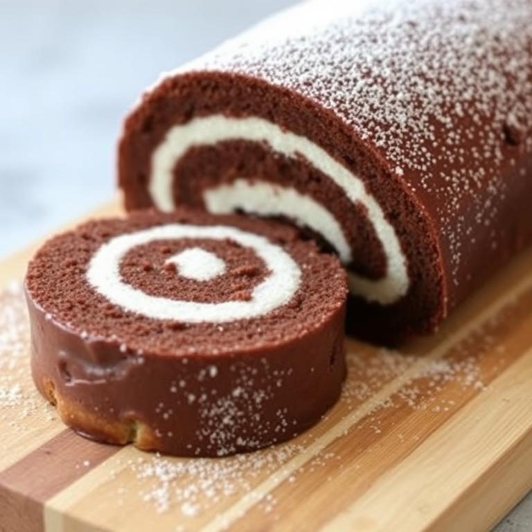 Chocolate Swiss roll dusted with powdered sugar on a wooden cutting board with a blurred background.