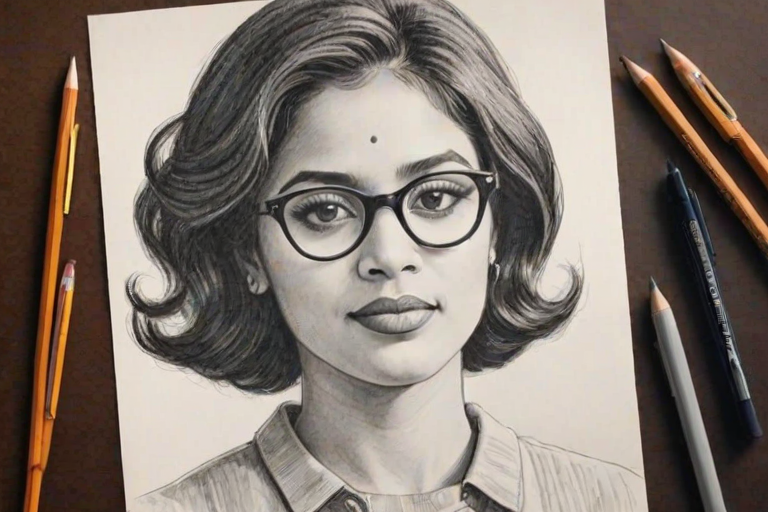 Graceful Tiya Sircar, pencil sketch, portrait of Beauteous woman 1959s in glasses, hair style beatnik, outline, clear lines, fine lines, 8k