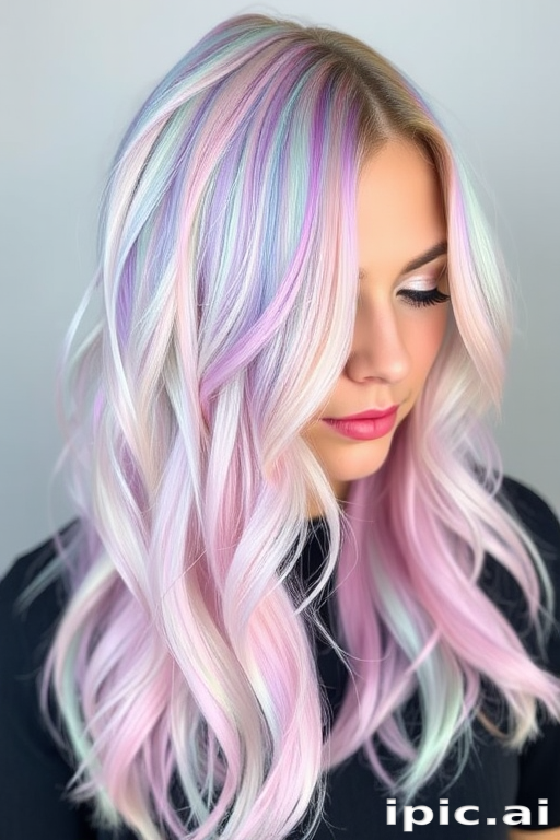 Iridescent opal-inspired hair color melding pastel pink, blue, and green tones, styled by Pearl Luminescence, featuring a long layered cut with face-framing tendrils and holographic glitter accents