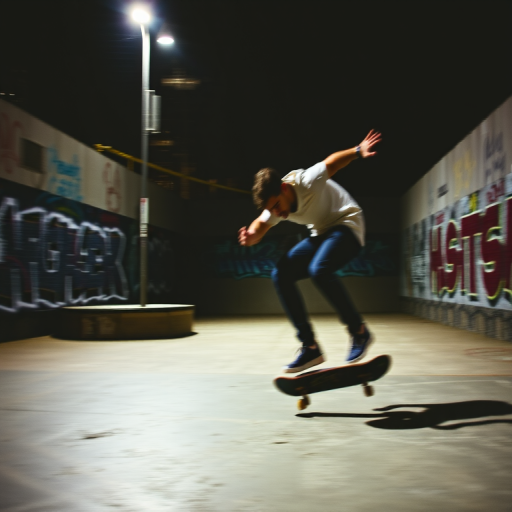 Blurry action shot of a skateboarder performing a trick in a dimly lit skatepark, with graffiti-covered walls in the background, soft light from a nearby streetlamp casting shadows.