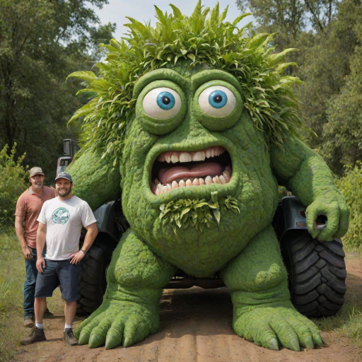 professional high-resolution photograph of 1giant green Cyclops with 2 eyes person made of plants,1woman, smile, 1man, hat, outdoors, multiple men, sky, day, 2men, grin, colored skin, traditional media, parody, ground vehicle, motor vehicle, car, green skin, truck, humongous giant green man standing in background, humongous green plant Cyclops person with 2 eyes