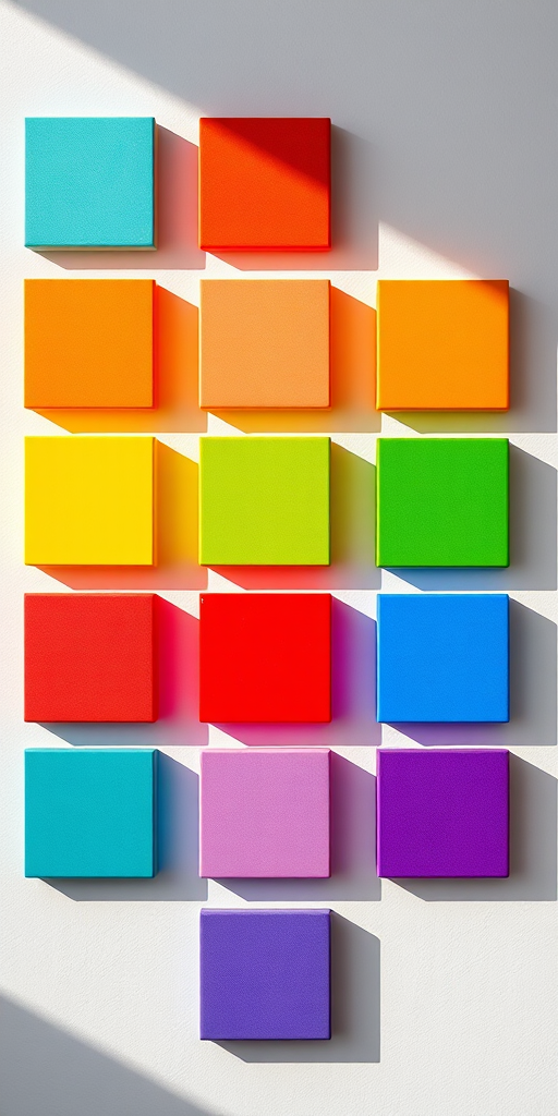 Create an image of a grid of colorful squares arranged in four rows and five columns with soft shadows, using a Canon EOS R5 camera, 50mm lens, f/2.8 aperture, ISO 100, and softbox lighting for enhanced vibrancy and clarity.