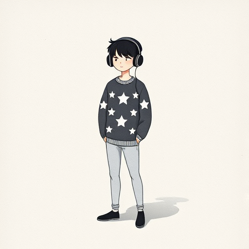 Create a minimalist illustration featuring a person wearing headphones and a star-patterned sweater, standing on a textured paper background, with their shadow forming an abstract figure, using a soft focus lens with an aperture of f/2.8, 50mm focal length, and natural lighting for a delicate texture.
