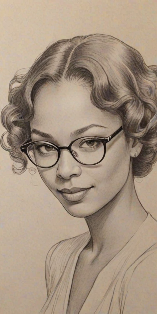 Graceful Jasmine Cephas Jones, pencil sketch, portrait of Charming woman 1930s in glasses, hair style beatnik, outline, clear lines, fine lines, 8k