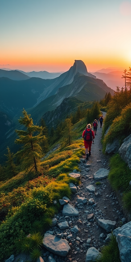 scenic mountain trail with hikers, vibrant greenery, rocky path, golden hour lighting, 24mm lens, f/8 aperture, ISO 200, shallow depth of field, DSLR camera