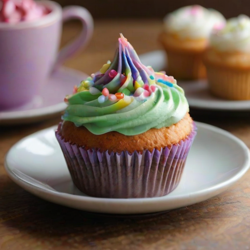 Close-up of a delicate cupcake decorated with colorful frosting, soft natural light highlighting the details, with a plate of assorted desserts softly blurred in the background.