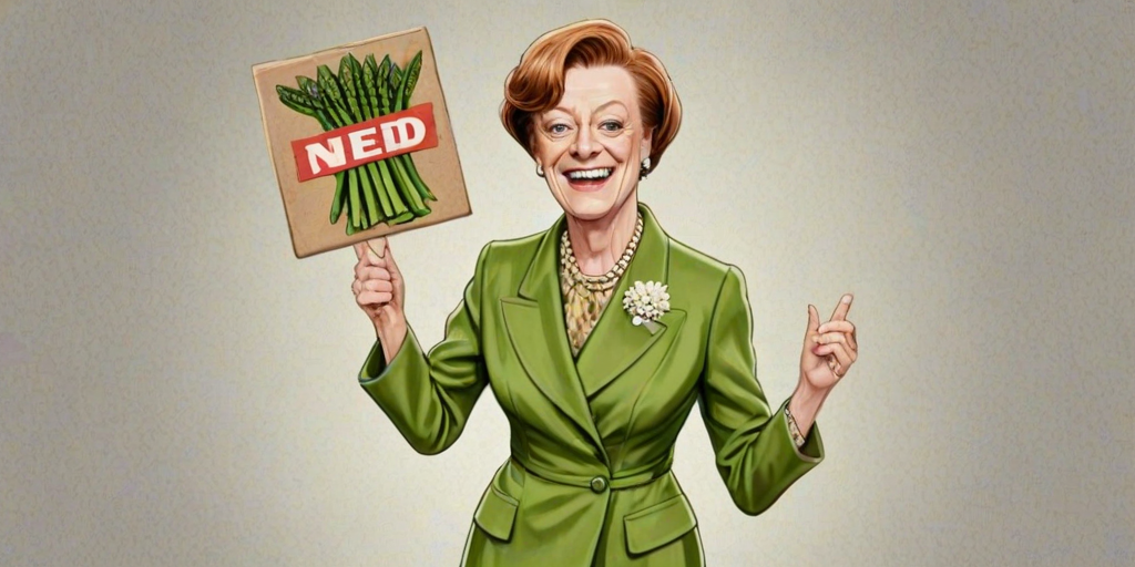 caricature of a smiling Maggie Smith in a Asparagus dress or suit, holding up a sign that says "NEED A JOB", no watermark,