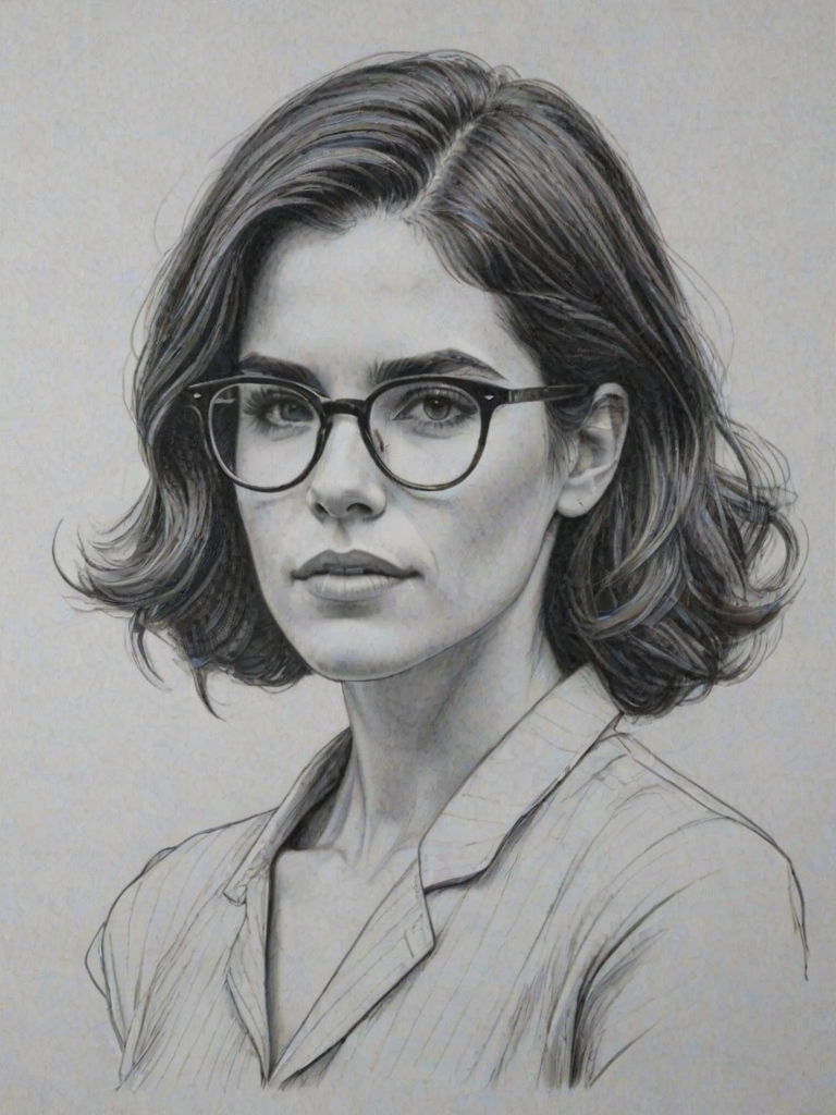 Splendid Karla Souza, pencil sketch, portrait of Captivating woman 1951s in glasses, hair style beatnik, outline, clear lines, fine lines, 8k
