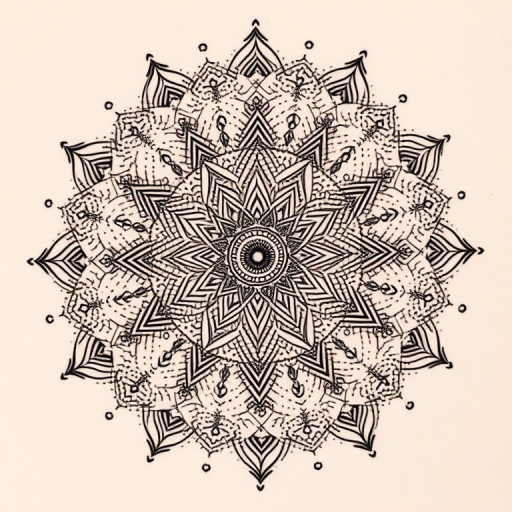 Intricate dotwork mandala tattoo titled "Infinite Serenity" composed entirely of thousands of meticulously placed dots forming intricate geometric patterns and sacred symbols radiating outward from a central focal point gradual shading achieved through dot density creates a mesmerizing three-dimensional effect evoking a sense of calm and balance