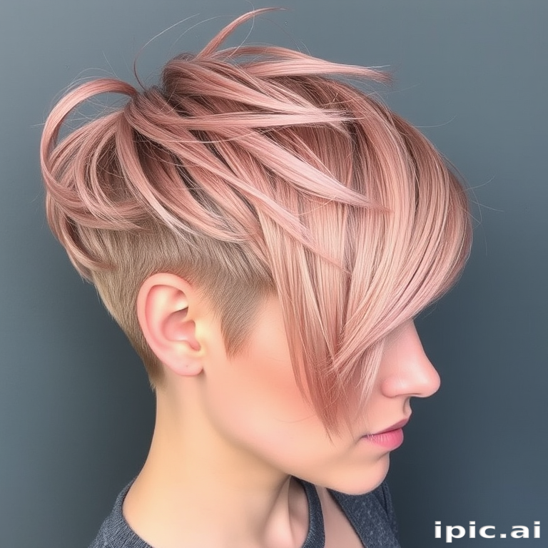 Ethereal rose gold pixie undercut with a long textured top, styled in piece-y layers with a soft side-swept fringe and shimmering metallic undertones