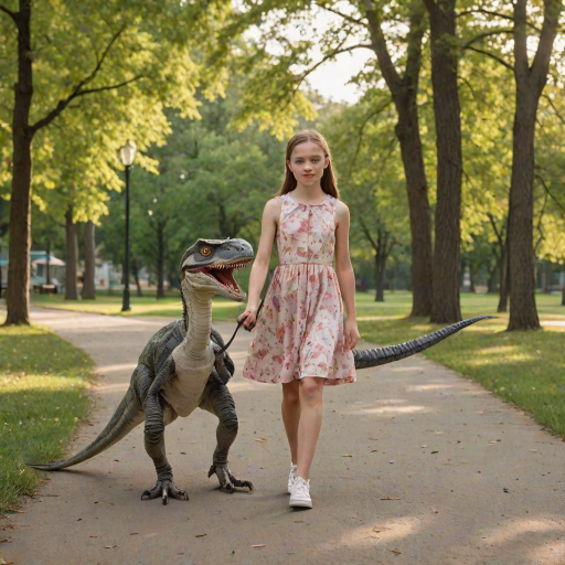 15 year old girl in a dress walking her pet Velociraptor on a leash through a park