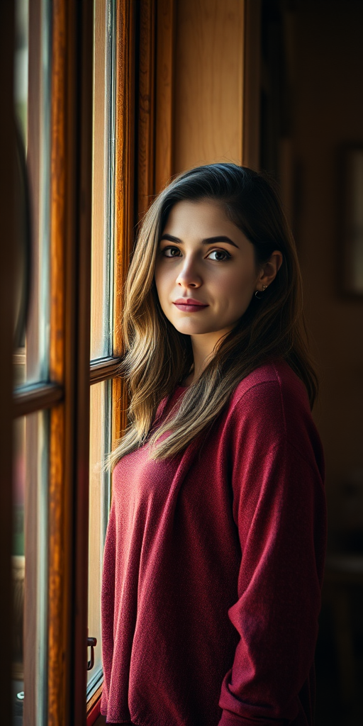 portrait of a woman standing by a wooden window, natural light filtering through, shallow depth of field, f/1.8 aperture, ISO 200, 50mm lens, soft focus background, warm color tones, captured with a DSLR camera in a cozy indoor setting