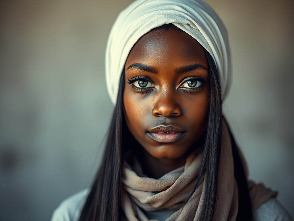 Create a portrait of a young African American female with long, dark hair and captivating hazel eyes. She is wearing a white headscarf and a matching scarf draped gracefully around her neck. The background is softly blurred, focusing attention on her serene and natural expression. The overall color palette is muted and warm, enhancing the intimate and authentic feel of the portrait.