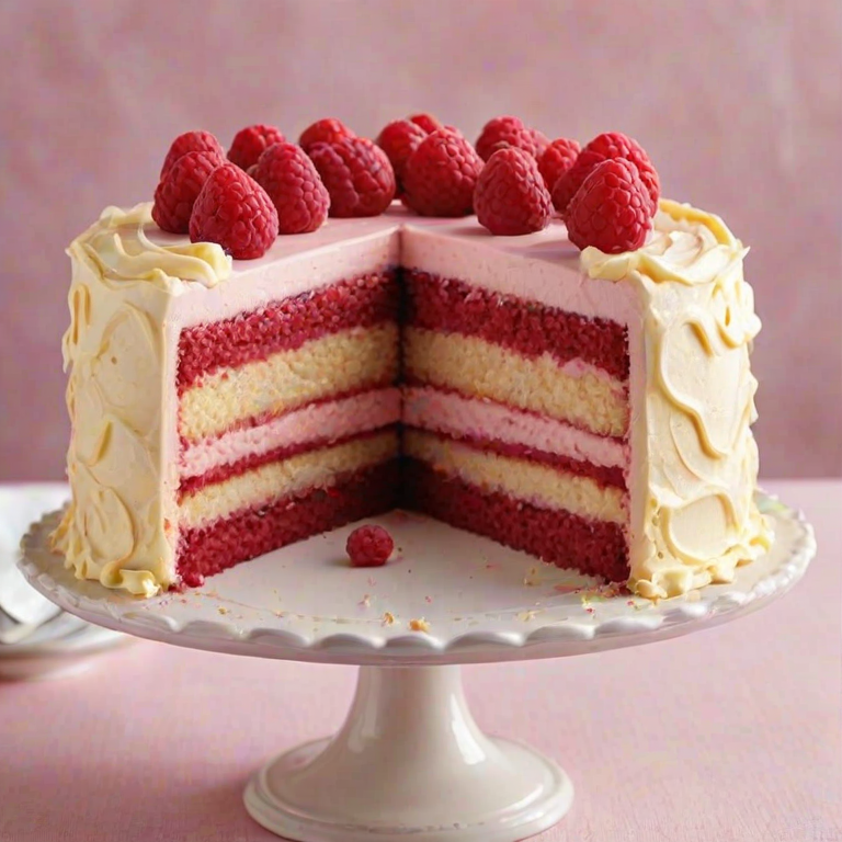 Generate an image of a layered cake with a smooth pink frosting. The cake should have a light yellow sponge base, a raspberry filling, and be decorated with fresh raspberries on top. The texture of the frosting should be soft and creamy, with a few decorative swirls. The setting should be simple and elegant, highlighting the cake as the main focus.