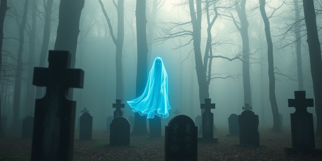Create a serene ghostly figure made of glowing blue energy hovering in a misty forest with ancient gravestones in the foreground, captured with a Canon EOS R5, 50mm f/1.2 lens, aperture f/2.8, ISO 100, long exposure, soft focus and cinematic style.