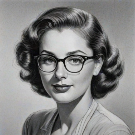 Beauteous Loni Love, pencil sketch, portrait of Graceful woman 1942s in glasses, hair style beatnik, outline, clear lines, fine lines, 8k