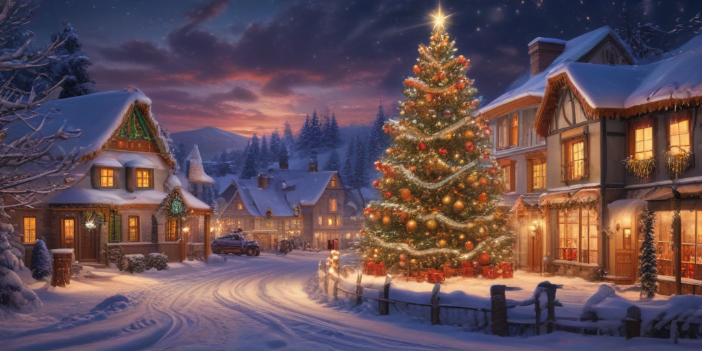 Enchanting Winter Village Scene with Christmas Tree and Snow-Covered Homes
