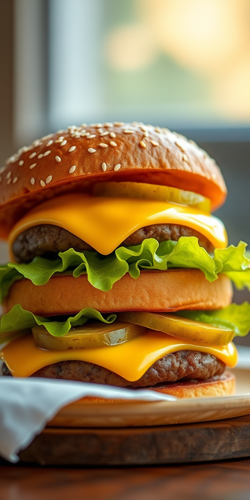 Create a high-resolution digital illustration of two stacked cheeseburgers with sesame seed buns, showcasing melting cheese, fresh lettuce, and sliced pickles, using a Canon EOS R5 with a 50mm lens, f/2.8 aperture, ISO 100, natural lighting, and a shallow depth of field to enhance the focus on the burgers.