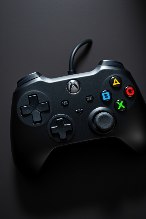 A top-down view of a black gaming controller with colorful buttons, high resolution, 50mm lens, f/2.8 aperture, ISO 100, natural lighting.