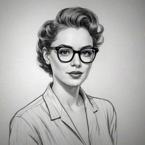 Sublime Monica, pencil sketch, portrait of Sublime woman 1949s in glasses, hair style beatnik, outline, clear lines, fine lines, 8k
