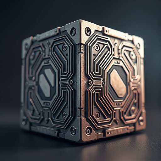 futuristic metallic cube with intricate circuit patterns, soft studio lighting, 35mm lens, aperture f/2.8, ISO 100, low angle view, DSLR style