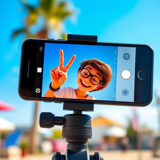 Create a vibrant animated image of a smartphone on a tripod capturing a cheerful person giving a peace sign in a bright outdoor setting with a blue sky, using a 50mm lens at f/2.8, ISO 100, and a shutter speed of 1/200s for a crisp and clear focus.