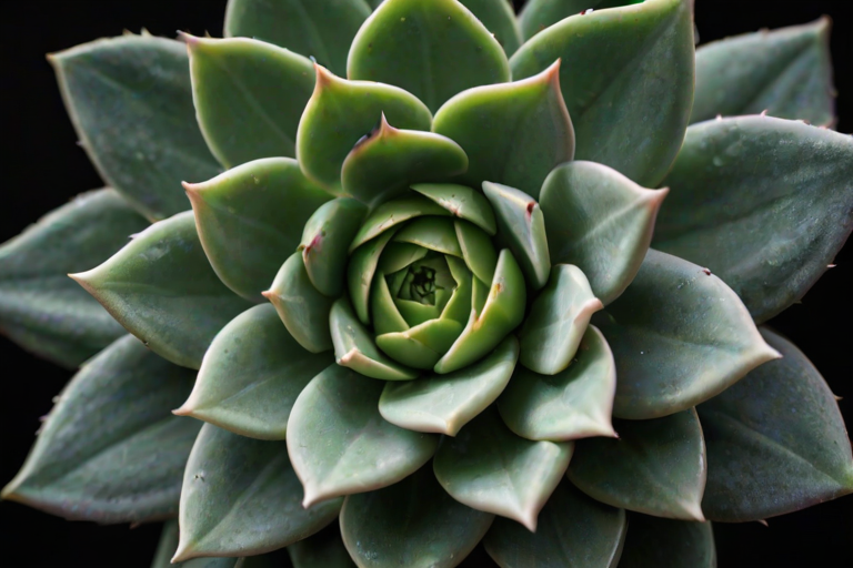 a close-up photograph of a green succulent plant against a dark background, showcasing its spiky, pointed leaves and intricate details