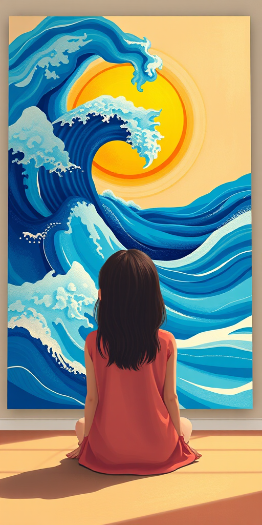 Create an illustration of a girl sitting on the floor facing a large abstract painting of swirling blue waves and a bright yellow sun, using a Canon EOS R5 with a 50mm f/1.8 lens, shallow depth of field, natural lighting, and a warm color palette.