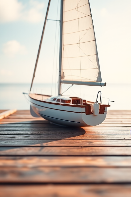 Create a high-resolution image of a sailboat with a white sail on a wooden deck, captured in natural light, using a DSLR camera with a 50mm lens, aperture set at f/2.8, ISO 100, and a shallow depth of field to blur the background.