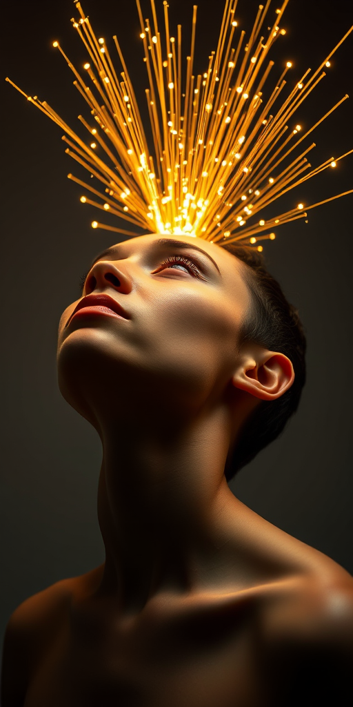 Create a portrait of a person with their head tilted slightly back, vibrant golden sparks emanating from their head, using a 50mm f/1.8 lens, low light setting, ISO 100, 1/200s shutter speed, captured from a slightly below eye level perspective in a studio setting, with a soft focus background to enhance the luminosity of the sparks.