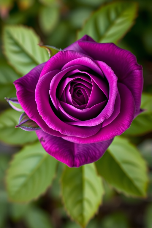 Create a highly detailed digital illustration of a purple rose with green leaves and blue buds, using a Canon EOS R5 with a 50mm f/1.2 lens, ISO 100, aperture f/2.8, and a shallow depth of field, top-down view, vibrant colors, high contrast, and a soft focus background to emphasize the flower's details.