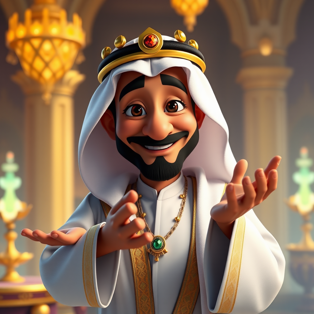 Create a 3D rendering of a wealthy Arab male sheikh from Dubai, inspired by the Disney animation style. The sheikh must have a smile and a playful but wise character. Place your character in an atmosphere of wealth and luxury. The image must be in high resolution format. Dynamic pose above the waist, gesturing with hands (Pixar Art style)++ highly detailed digital painting, art stations, concept art, soft focus, hard focus, illustrations. cinematic, visual effects, HDR, Unreal Engine 5, ray tracing, soft light, 8k, high detail, sparkling backlighting, luxury gem, game art, 3d, cartoon, colorful, magical, mysterious