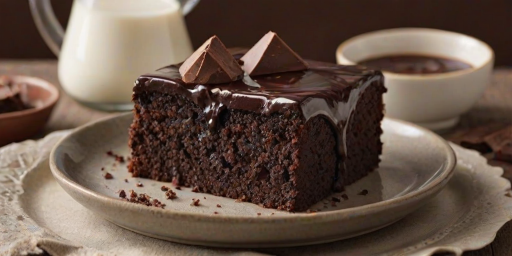 Create an image of a decadent chocolate cake topped with chunks of rich brownies and a glossy chocolate ganache. The cake should have a dark, crumbly crust and be presented on a simple plate. Include a few small containers of milk in the background for a cozy, inviting atmosphere.