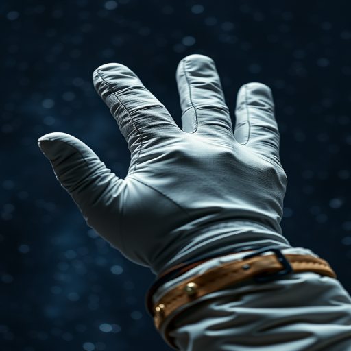 Capture an astronaut's gloved hand making a gesture against a starry space background, using a DSLR camera with a 24mm lens, aperture set to f/2.8, ISO 800, shutter speed 1/60s, shot in macro style to emphasize details and textures.
